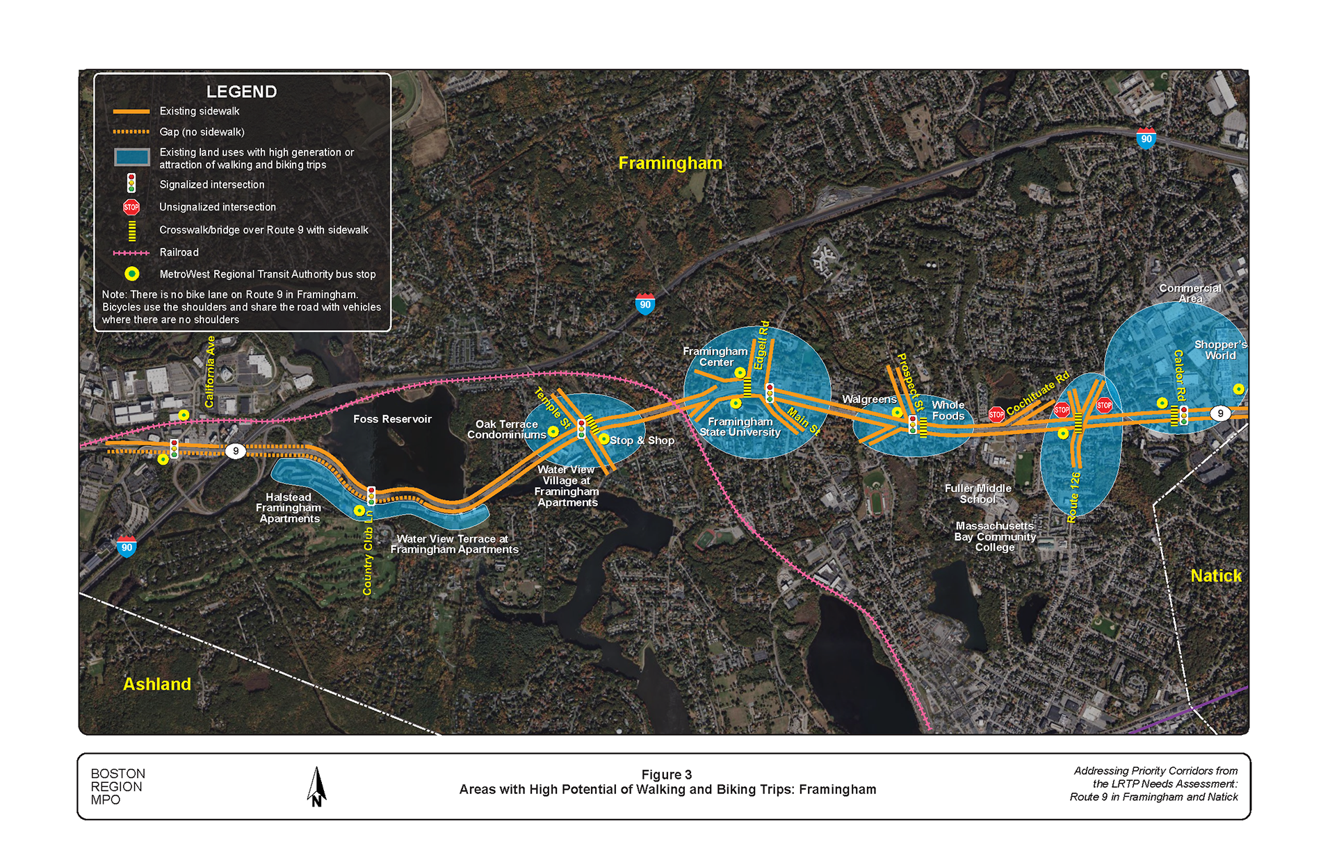 Figure 3 is a map of the corridor showing the areas with high potential of walking and biking trips in Framingham